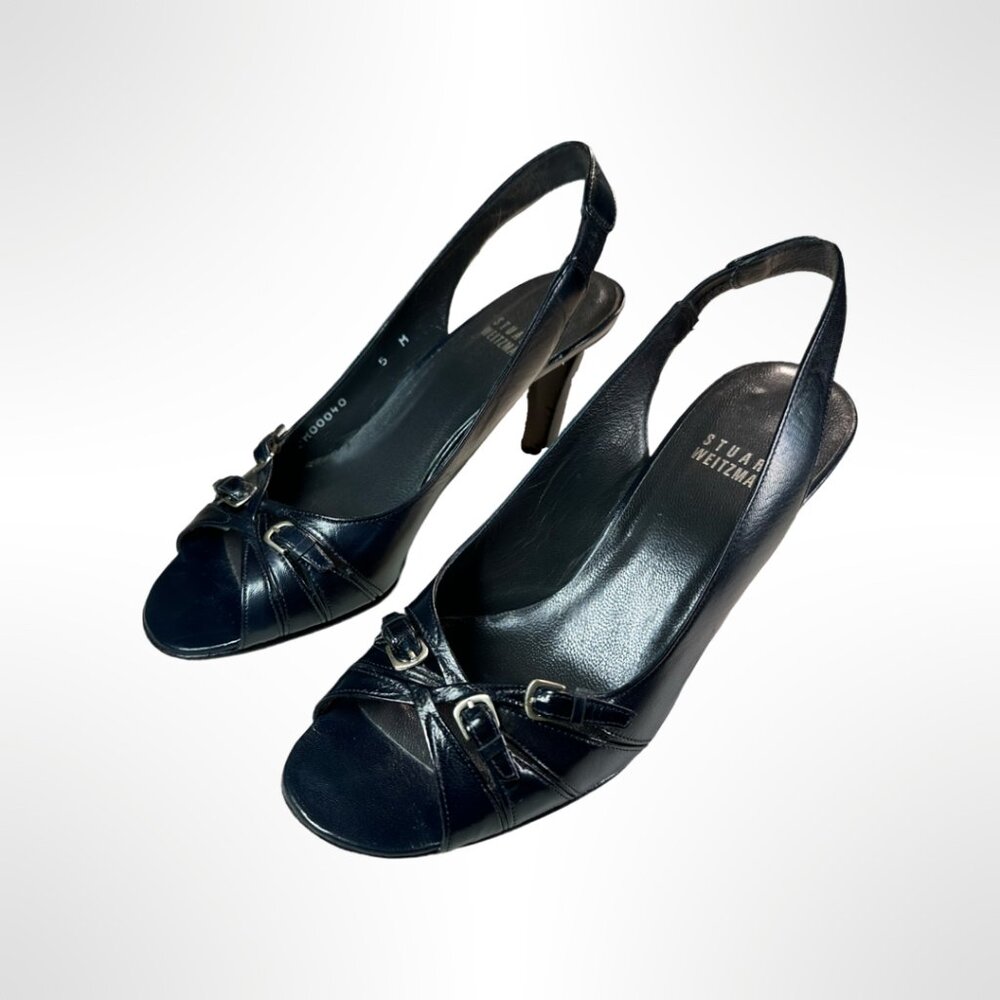 Stuart Weitzman Black Leather Open Toe Slings, Size 5, good condition